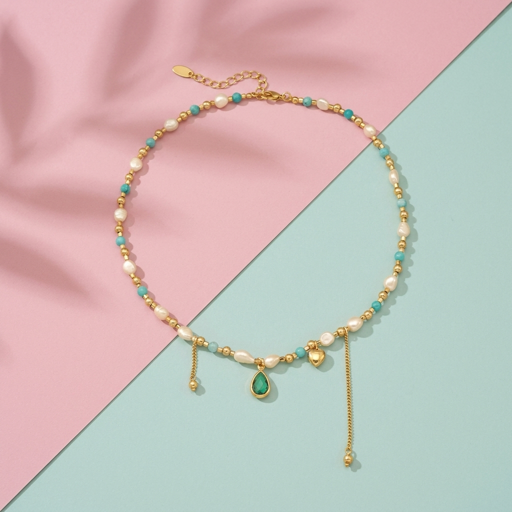 Blessed Green Aventurine & Pearl Charm Necklace