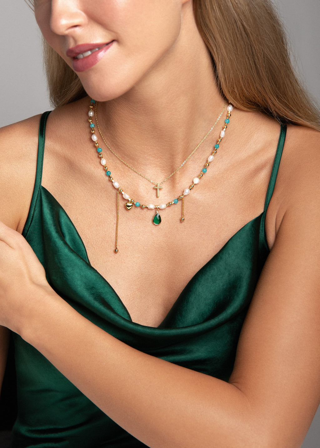 Blessed Green Aventurine & Pearl Charm Necklace